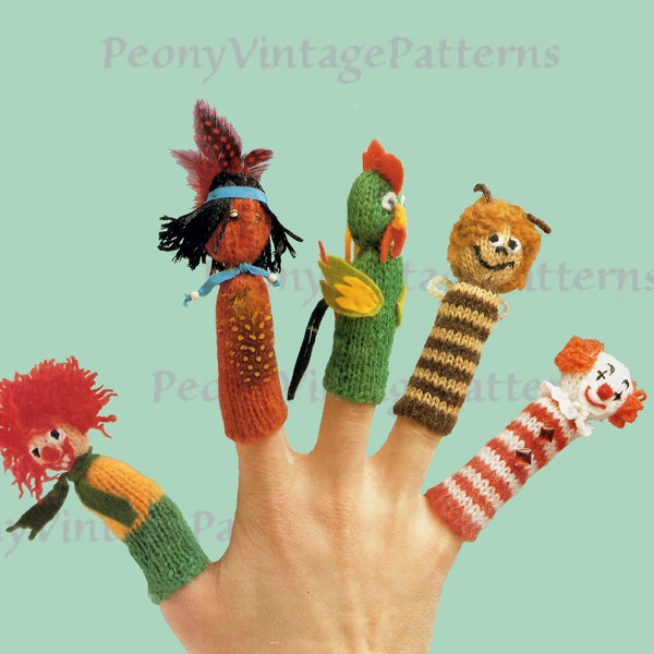 Vintage Jolly Clown, Indian, bumble bee, leprechaun, rooster finger puppets knitting  Pattern  l PDF Instant Download