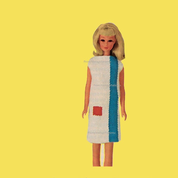 Barbie mod 1960s blue stripe dress vintage knitting pattern   l PDF Instant Download