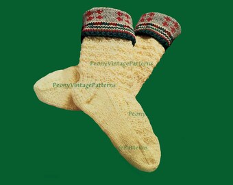 Fair isle cuff socks vintage knitting pattern  pattern  l PDF Instant Download