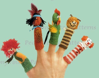 Vintage Jolly Clown, Indian, bumble bee, leprechaun, rooster finger puppets knitting  Pattern  l PDF Instant Download