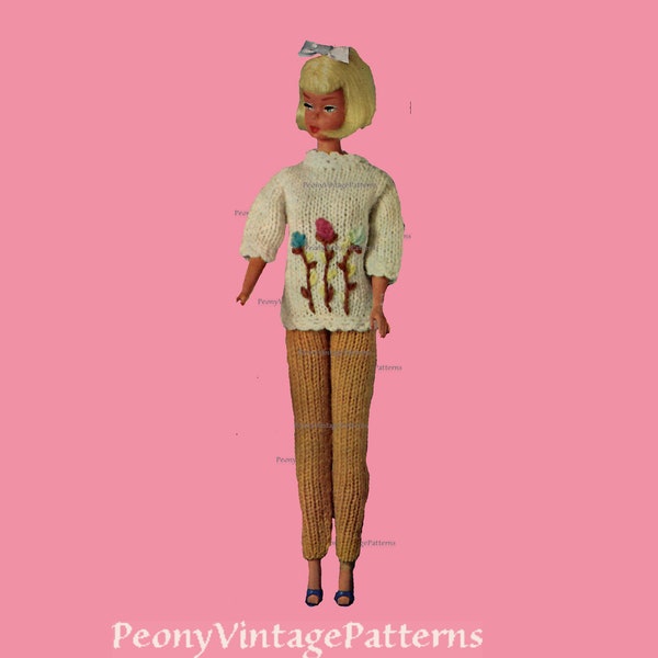 Barbie pants, slacks and embroidered sweater vintage knitting pattern   l PDF Instant Download