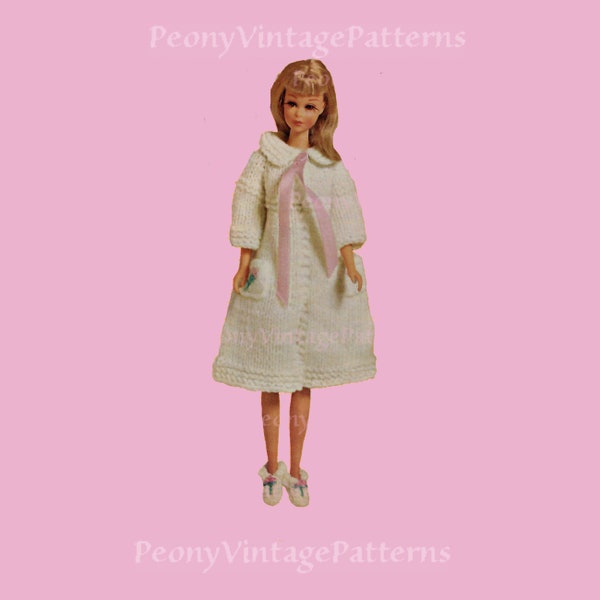 Barbie outfit bedtime dressing gown, robe and slippers vintage knitting pattern   l PDF Instant Download