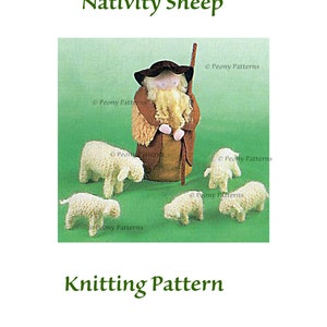 May include: Knitting pattern for a nativity scene featuring a shepherd and a flock of sheep. The pattern is from Peony Patterns.