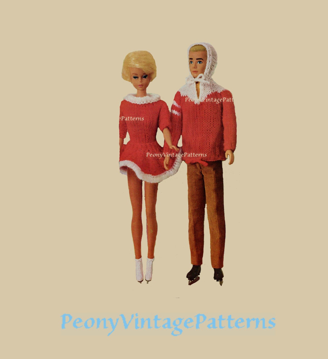Barbie Skating Outfit Ken Doll Hooded Pullover Sweater Vintage Knitting Pattern L PDF Instant