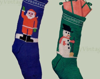 Vintage Christmas Stockings waving Santa and snowman Christmas decoration ornament knitting pattern    l PDF Instant Download