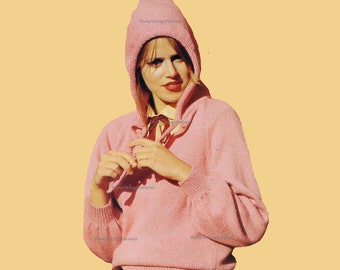 Pink hoodie sweater top 1970s vintage knitting pattern l PDF Instant Download