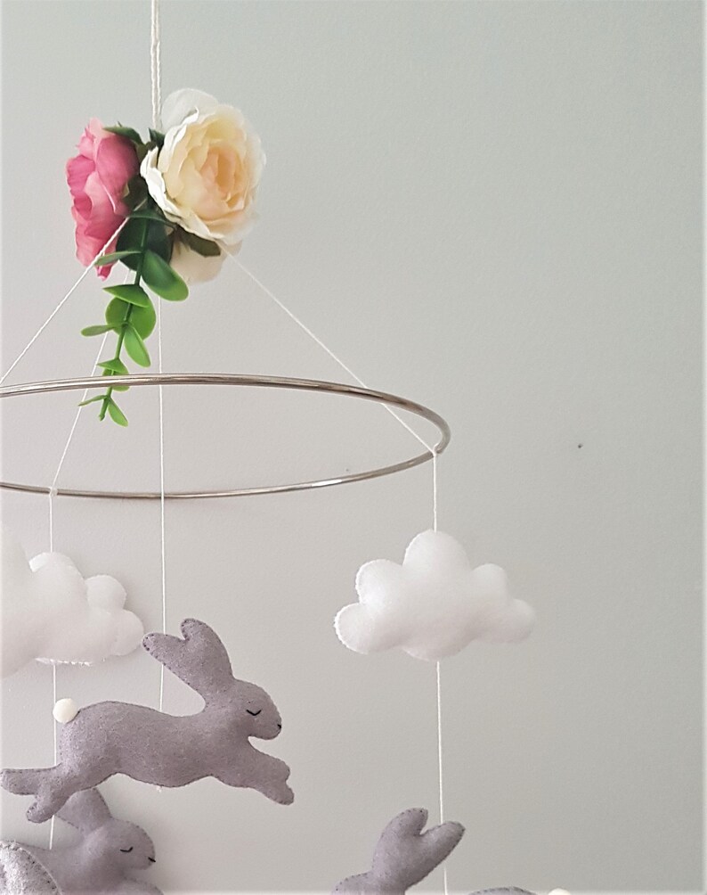 Baby Mobile Bunny Clouds Nursery Mobile Feit Neutral Mobile Etsy