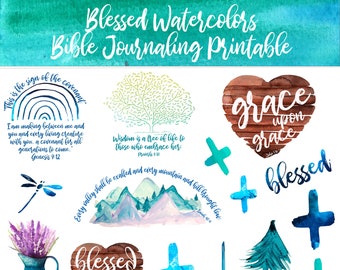 Blessed Watercolors 3-Page Bible Journaling Printable Set: Including Verses, Ephemera, 3x4" Cards, and Alphas. Includes PNG for Cricut!
