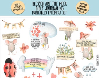 Blessed are the Meek featuring Cute Mice Ephemera Printable for Bible Journaling, Faith Journaling, Memory Dex Cards, Scrapbooking, etc.