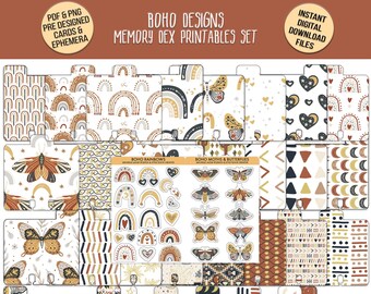 Boho Patterns Memory Dex Cards and Ephemera Set  | Boho Rainbows Butterflies Moths Hearts Motifs | Bible Journaling | Download | Printable |