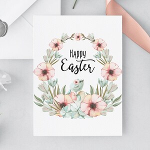 Carte Joyeuses Pâques | Doux Pastel Fleurs Bébé Oiseau et Oeufs | Carte de Pâques imprimable 5x7 à plat ou pliée | Téléchargez et imprimez vous-même instantanément