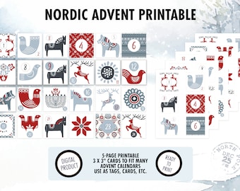 Adventskalender kaart afdrukbare | Nordic Christmas Christmas Countdown | 3x3" Adventskaarten | Download en print jezelf | Digitale download
