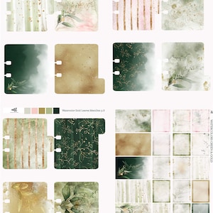 Könnte beinhalten: Watercolor Gold Memory Dex Kartenset mit 12 Memdex-Karten und 1 Bogen Aufklebern. Das Set enthält digitale Download-Dateien. Die Karten zeigen Aquarelldesigns in Grün, Gold und Rosa mit floralen und abstrakten Mustern. Das Set enthält insgesamt 4 Blätter, 21,59 x 27,94 cm.