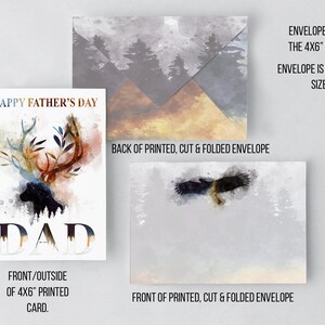 Carte papa bonne fête des pères et enveloppe assortie avec des montagnes aquarelles et des cerfs à imprimer vous-même.