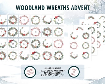 Biglietti del Calendario dell'Avvento stampabili / Woodland Wreaths Christmas Countdown / 3x3"Advent Cards / Scarica e stampa te stesso / Digital Download