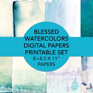 Watercolors 8-Page Digital Printable Papers or Backgrounds Set | Set of 8, 8.5x11&quot; inch Papers for Bible Journaling, etc.