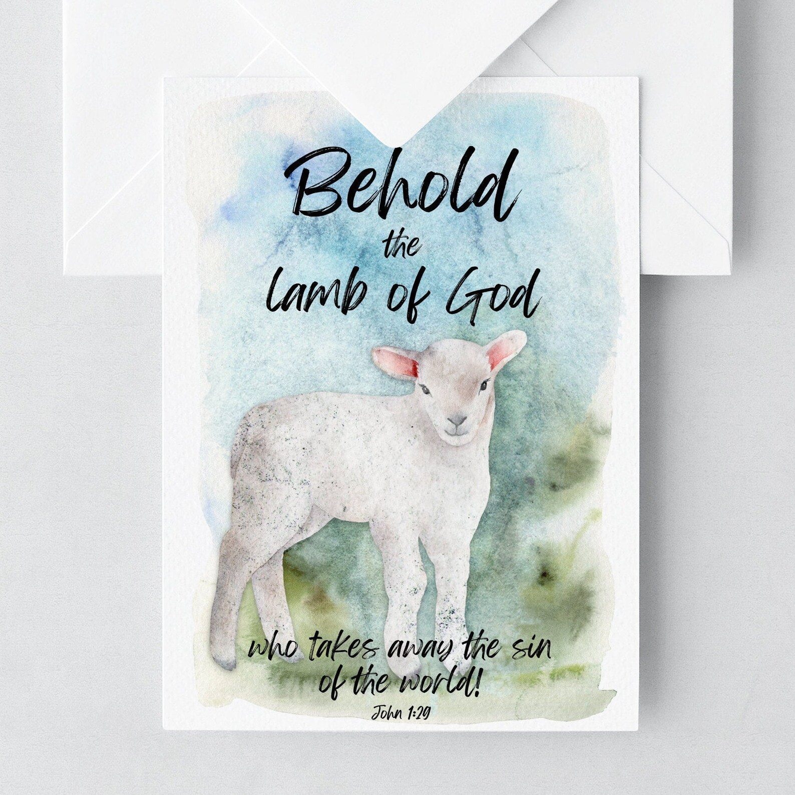 Printable Behold the Lamb Card and Print Watercolor Easter Lamb Folded