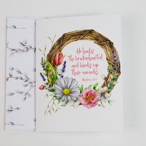 Christian Encouragement or Sympathy Card, Print, and Coordinating Printable Envelope | Floral Wreath | Psalm 147:3 and Revelation 21-4