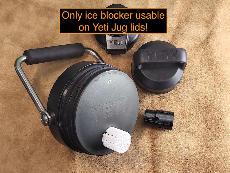 May include: Black Yeti Jug lid with a stainless steel handle and a white ice blocker. The lid has the Yeti logo on it. The text "Only ice blocker usable on Yeti Jug lids!" is written in orange on a black background.