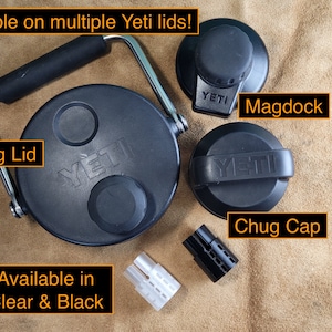May include: Black Yeti jug lid with a handle, a black Yeti chug cap, a black Yeti magdock lid, and two clear and black replacement straws. Usable on multiple Yeti lids! Available in Clear & Black.