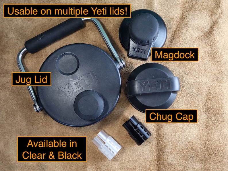 May include: Black Yeti jug lid with a handle, a black Yeti chug cap, a black Yeti magdock lid, and two clear and black replacement straws. Usable on multiple Yeti lids! Available in Clear & Black.