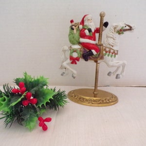 Vintage Christmas Santa Claus on Horse Carousel with Bag Full of Presents for all the Good Girls and Boys, Ceramic and Brass