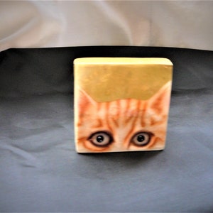 May include: A small, rectangular box with a painted image of a cat's face. The cat has orange and white fur and large, green eyes. The box is a light yellow color.