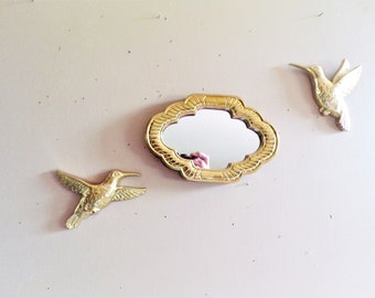 Gold Hummingbirds Wall Art with Mirror 1985 Home Decor, Homco #7669 Made USA Set Of 2