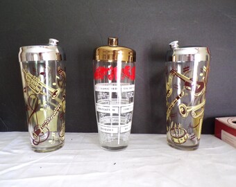 Vintage Cocktail Shakers Musical Instruments and Cocktail Recipe Glass Mixer with Lids  by HAZEL-ATLAS
