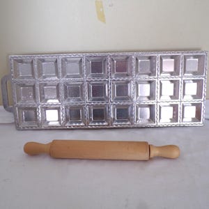 Ravioli Form Press Mold for 24  1-1/2 Squares, Large Ravioli Maker, Pierogi Press, Meat Pie, Dumplings with Rolling Pin, NOS Silver USA