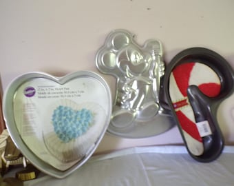 Vintage Wilton Cake Pans Mickey Mouse, Heart, and Candy cane Aluminum Cake Pans Jell-o Molds