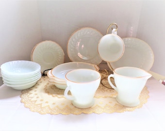 Vintage Swirl Golden Shell Luster by ANCHOR HOCKING Opalescent Set, Sugar and Creamer, Bakers, Cup and Saucer, Coupe Bowls, Plates