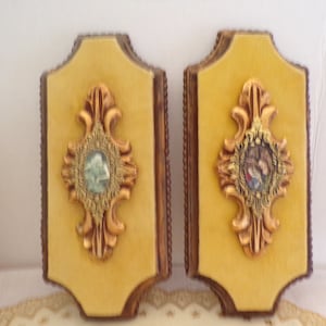 Vintage Neoclassical Ancient Greece Wall Plaques, Philosophers Socrates and Aspasia Cameo Art on Plaster and Velvet
