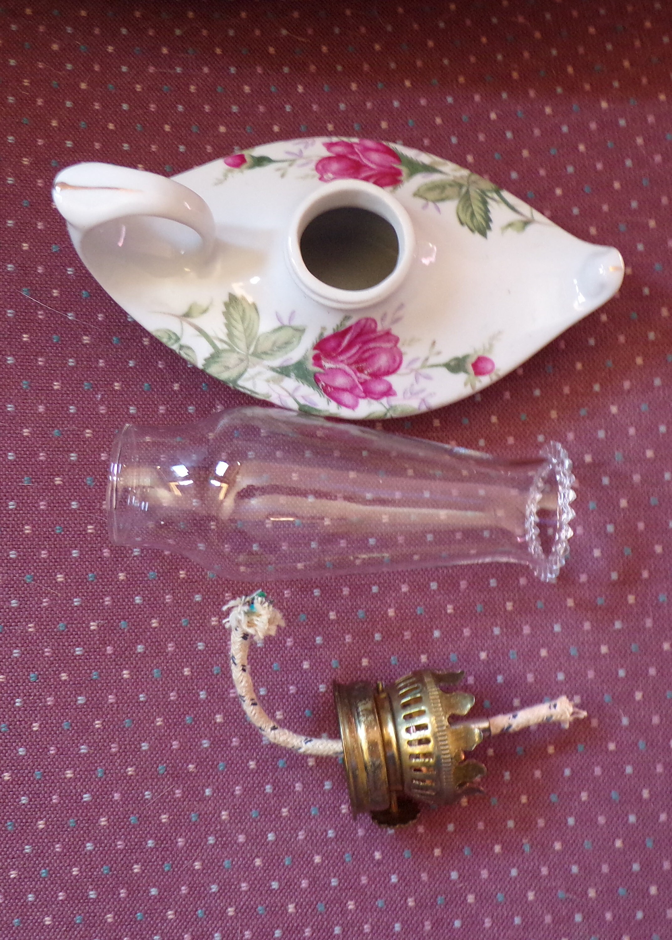 Vintage Aladdin Miniature Hurricane Oil Lamp & Globe, Red Roses
