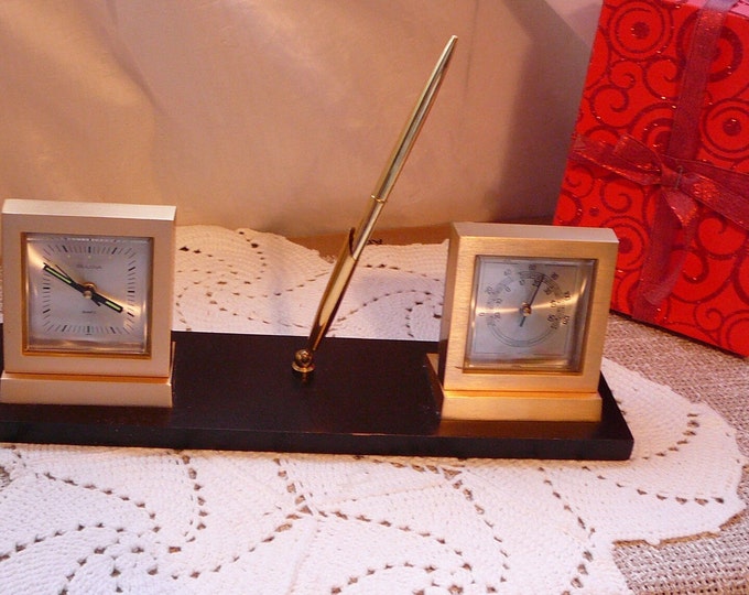 Bulova Clock Weather Station and Alarm Desk Set With Ball Point Pen 1970, Office, Den, USA Etsy