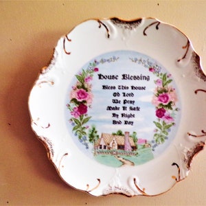 Vintage House Blessing Wall Plate 8&quot;, 18K Gold Trim Country Home Rose Garden, Bless This House Oh Lord We Pray Make It Safe By Night And Day