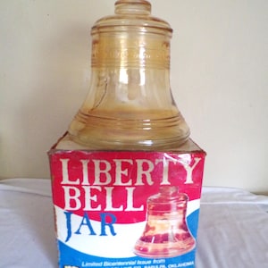 Vintage koekjestrommel bicentennial Liberty Bell amberkleur carnaval glazen bus, Bartlett Collins, VS Koekjestrommel en deksel