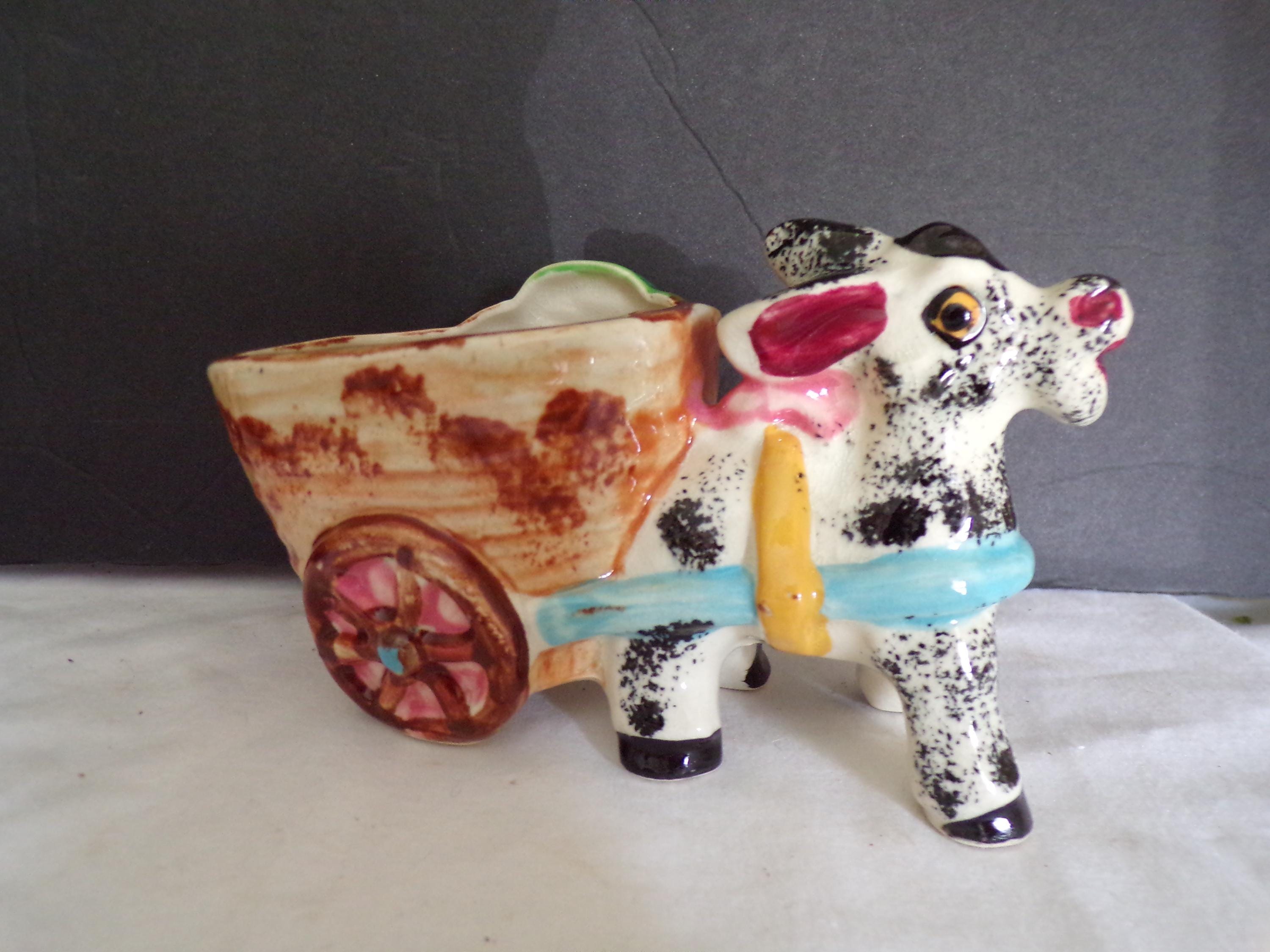 希少なイタリア製マジョリカ焼きのロバの置物（カートを引く）、陶器の