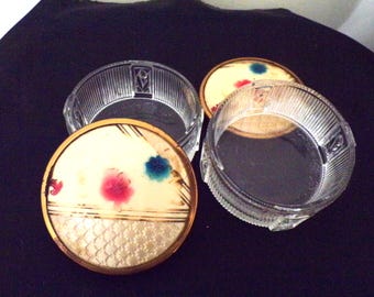 Vintage Glass Dresser Vanity Powder Jars, Face Cream Jars, Boudoir Makeup Jars, Set of 2 with Art Deco French Fleur-de-lis Design Metal Lid