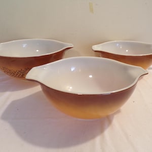 Vintage Old Orchard by Pyrex Nesting Mixing Bowls, 10&quot; Cinderella Mixing Bow and  P)air of 9&quot; Cinderella Mixing Bowles by PYREX 3 Pieces