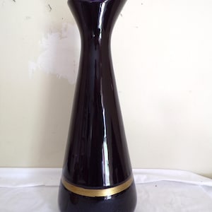 May include: A tall, black ceramic vase with a gold band around the middle. The vase has a narrow neck and a wide base.