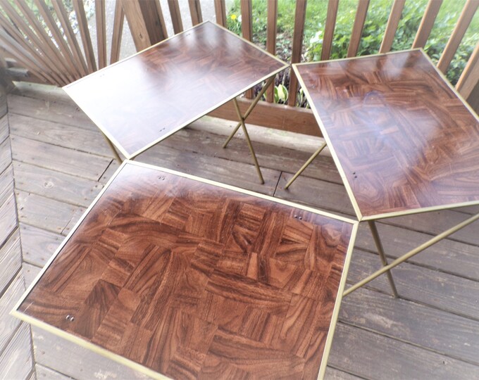 Vintage TV Trays, Set of 3 Parquet Folding Metal TV Tray Tables