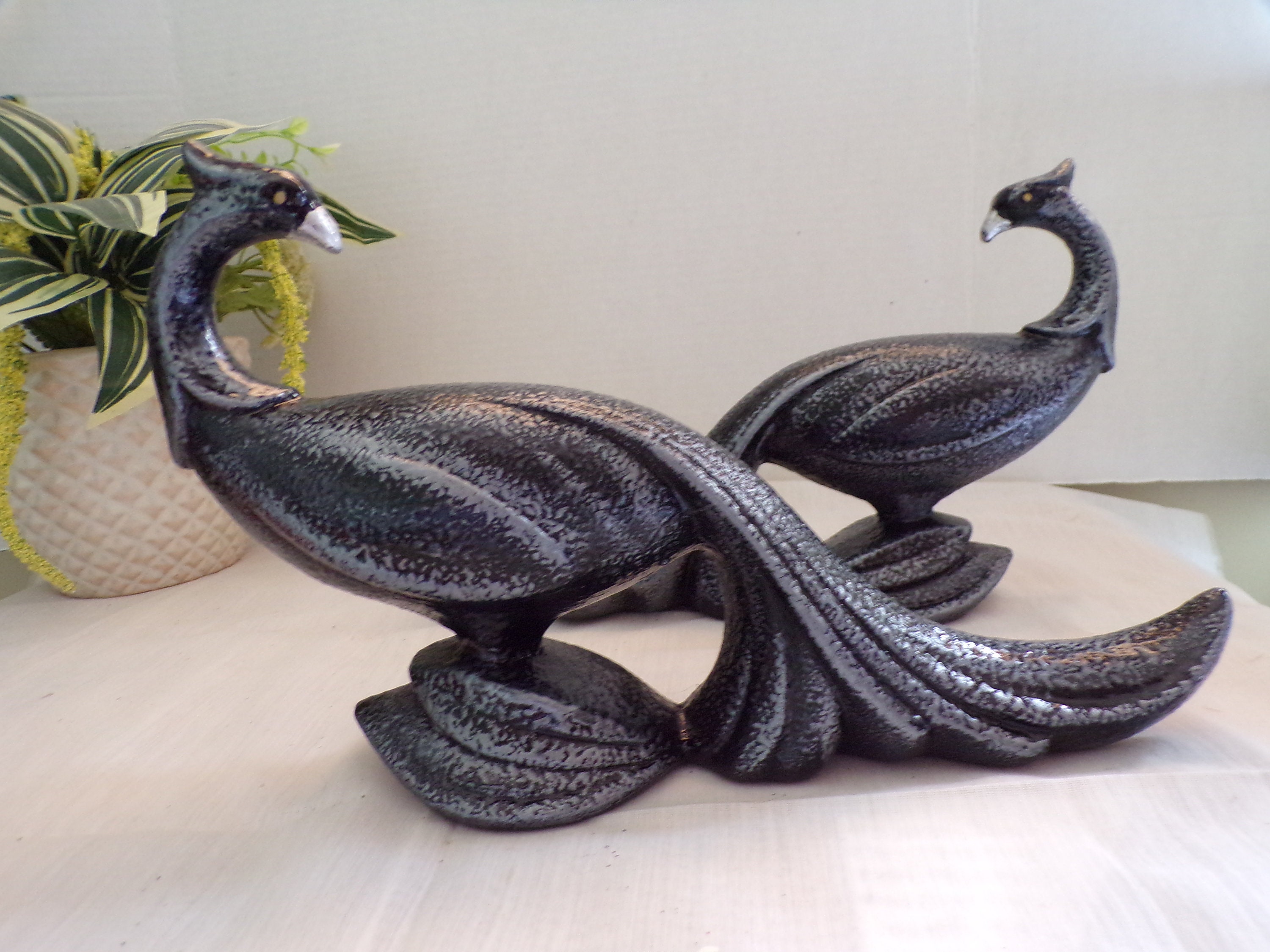 Vintage Pair Peacock Peahens Black with Gilded Silver, Textured Ceramic Spongeware Figurine Sculptors, Muddux of California