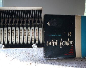 Vintage Boxed Set of 12 Stainless Steel Mini Forks for Hors d'oeuvre/appetizer/cheese/canapes