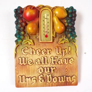 May include: A vintage wall thermometer with a wooden-look background and the text "Cheer Up! We all Have our Ups & Downs." The thermometer is surrounded by sculpted fruit, including grapes, pears, and an apple. The thermometer reads approximately 70 degrees Fahrenheit.