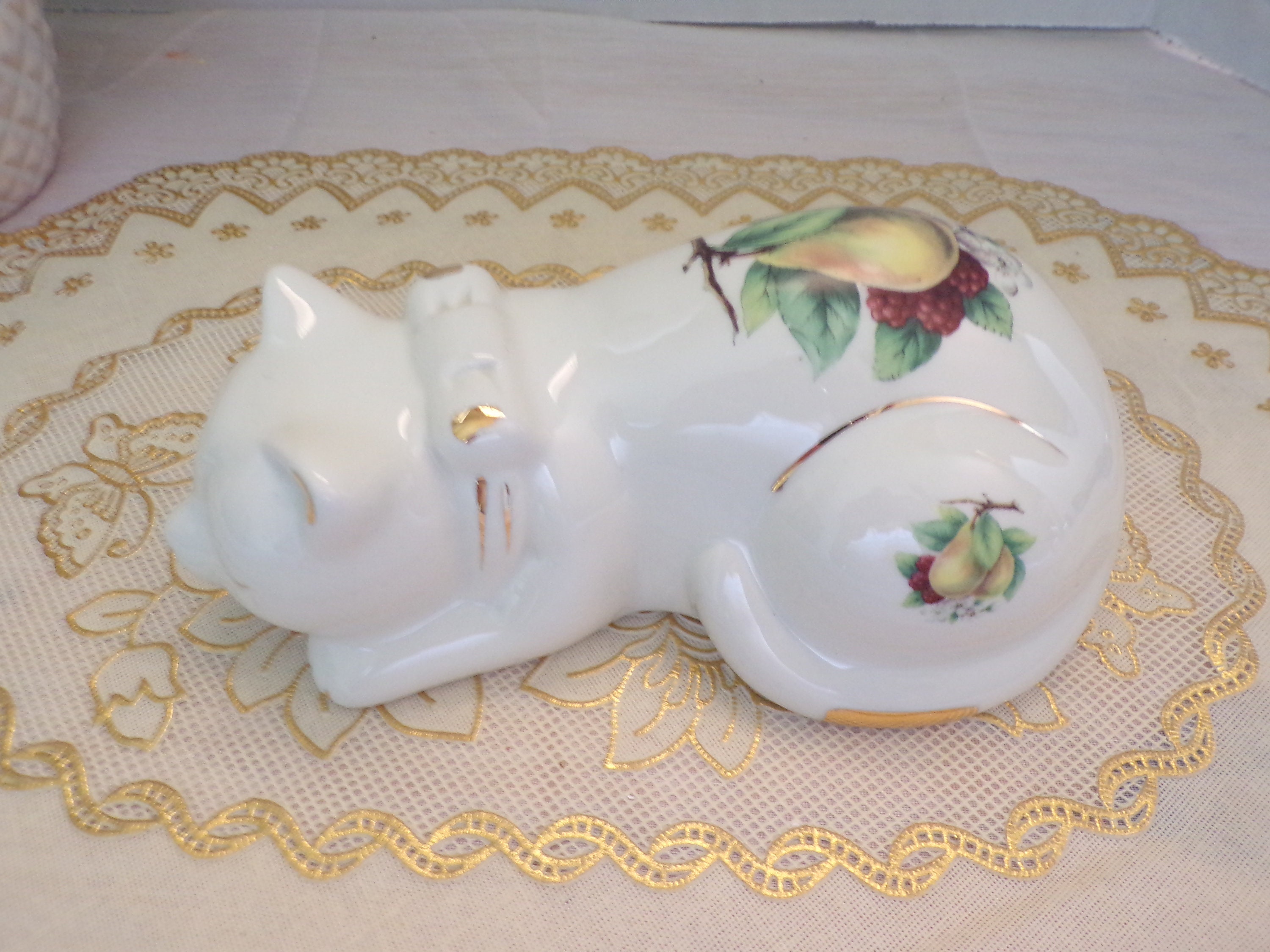 Kitten Figurine Sleeping Napping  with Bow Tie, Gold Trim and Hand Painted Fruit Motif, Kitchen Decor- Formalities By Baum Bros.