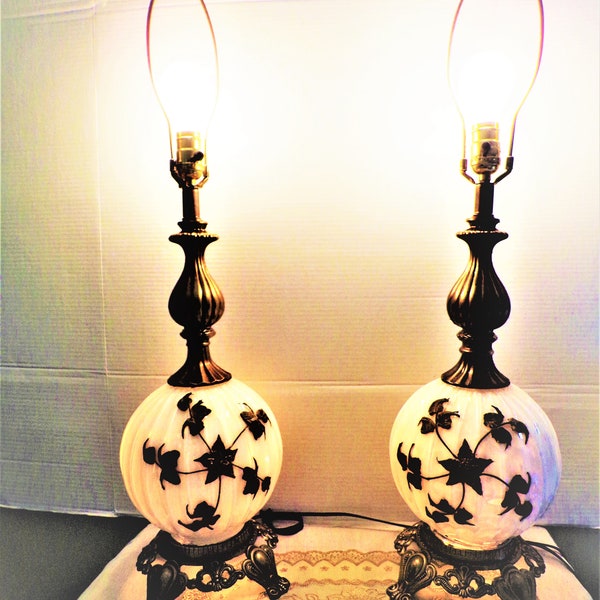 Pair Hollywood Regency Table Lamps, Gold Bronze Cast Metal Reverse Painted White Globe with Applied Roses & Ivy, Hedco, USA