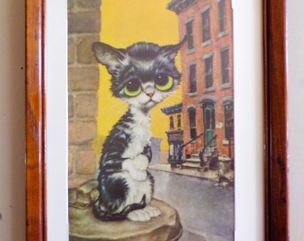 Vintage Pity Kitty Big Eyes 14" x 11"  Framed Art Lithograph Picture Big-Eyed Style Wall Art by GIG, USA