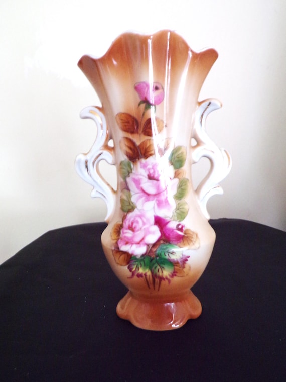 Vintage Flower Vase Hand Painted Pink Rose Porcelain Scalloped Top