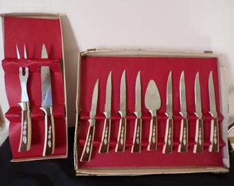 Conjunto de talheres vintage em aço inoxidável com 11 peças, incluindo facas e utensílios para trinchar, da Sheffield English Blades.